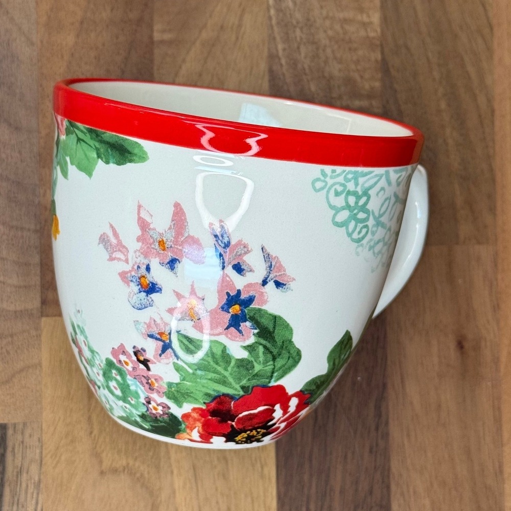 The Pioneer Woman Floral Stoneware Coffee Mug Red Rim White Multi Color Flower